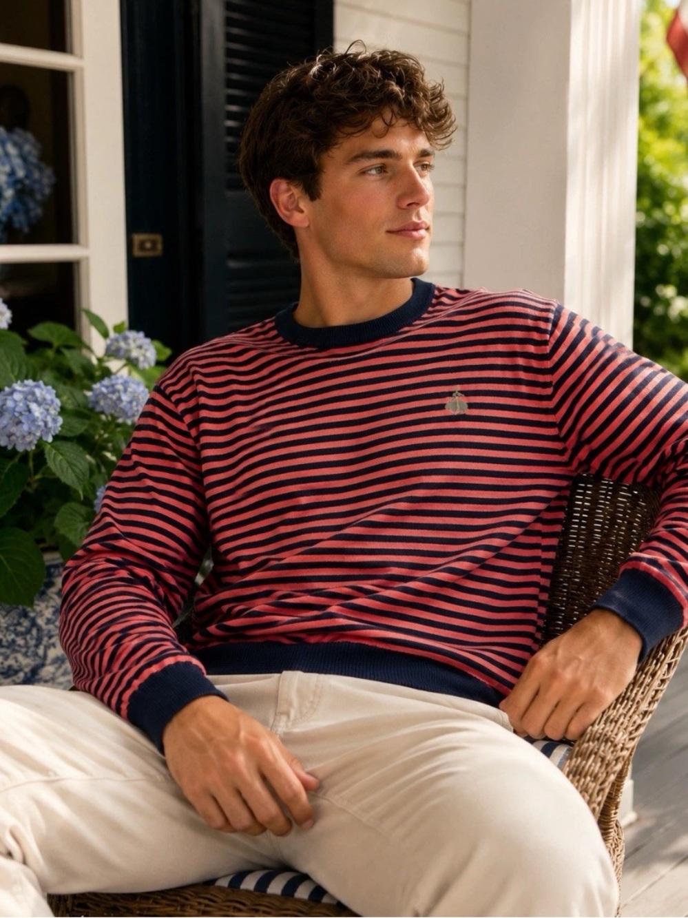 Brooks Brothers 346 Cotton Cashmere Crewneck Sweater Coral And Navy Size Large